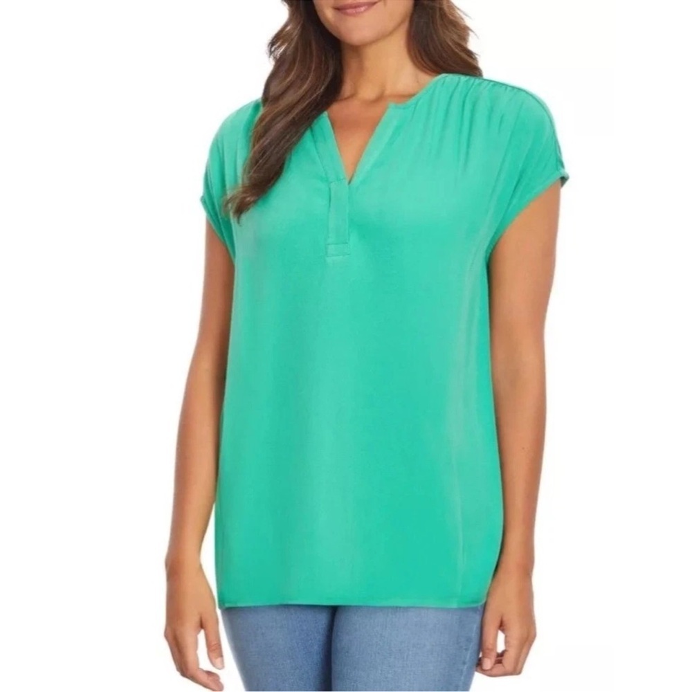 NWT Nine West Spruce Green V-Neck Blouse Cap Sleeve Lightweight Top Size Small - Picture 2 of 8